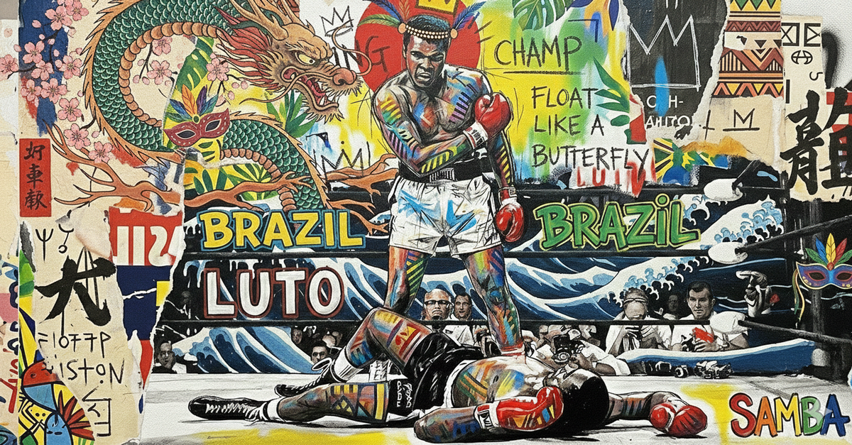 Combat sports collage combining boxing, Japanese art, and Brazilian fighting culture
